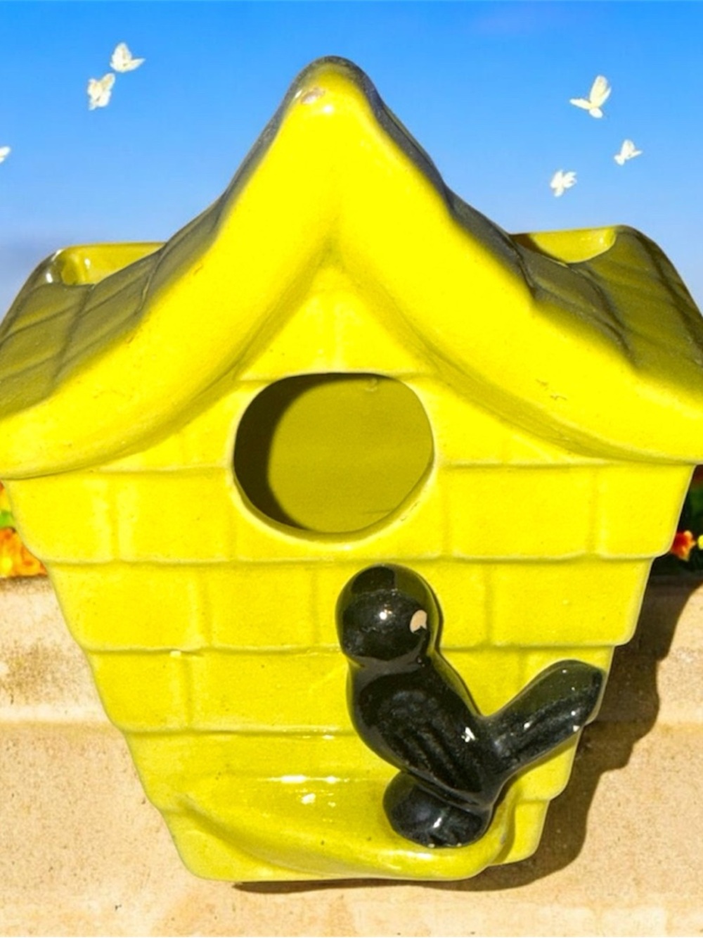 Vintage Yellow Ceramic Birdhouse Wall Pocket with Blackbird